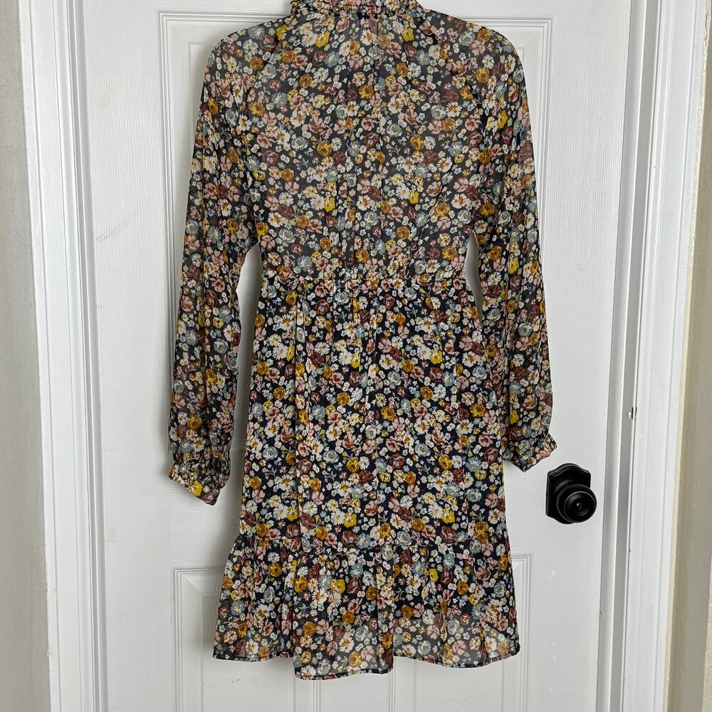Zara Floral Chiffon Mini Dress Drawstring Waist Tiered Boho Long Sleeve - Picture 4 of 10